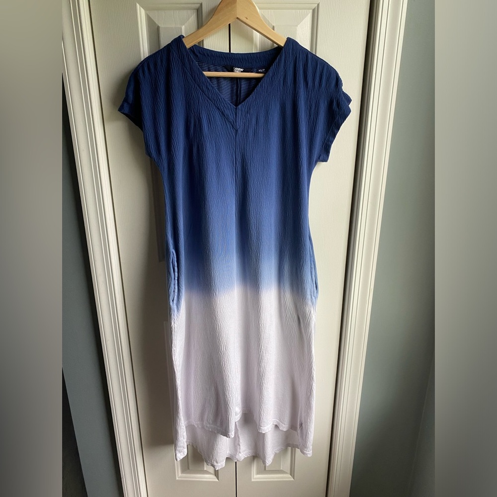 Lands' End Womens Crinkle Knit Short Sleeve Midi Dress Blue White Ombre Size XS
